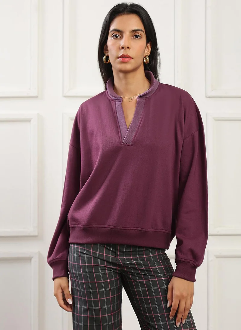 جلو باص Globus Women Mauve Contrast Color Shirt Collar Drop Shoulder Sleeves Ribbed Hem Pullover Sweatshirt (Fleece 260-280 GSM)